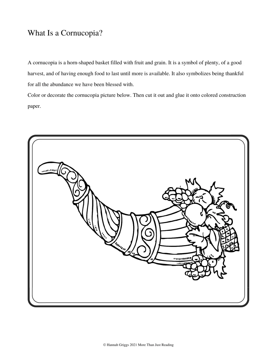 Cornucopia explanation and coloring activity with directions to cut out the picture and glue it onto construction paper