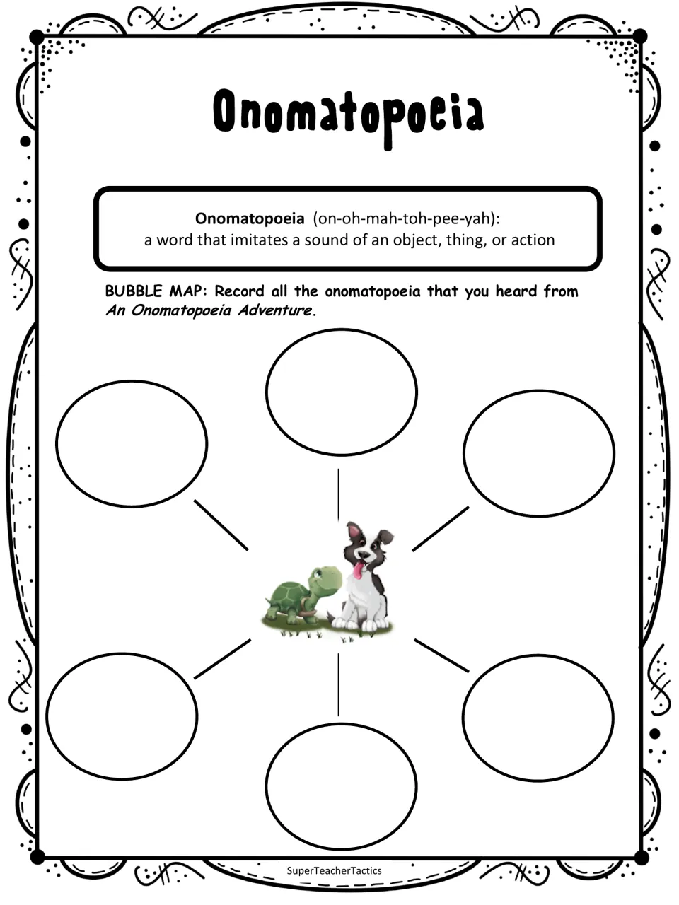 Onomatopoeia bubble map asks students to record sound words heard in the companion story and gives a definition