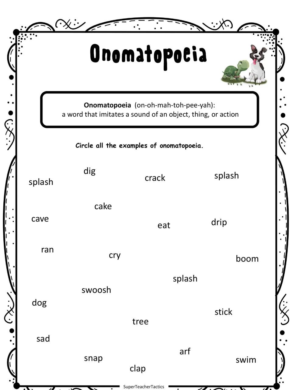 Onomatopoeia identification activity asks students to circle sound words among splash, crack, cake, and more