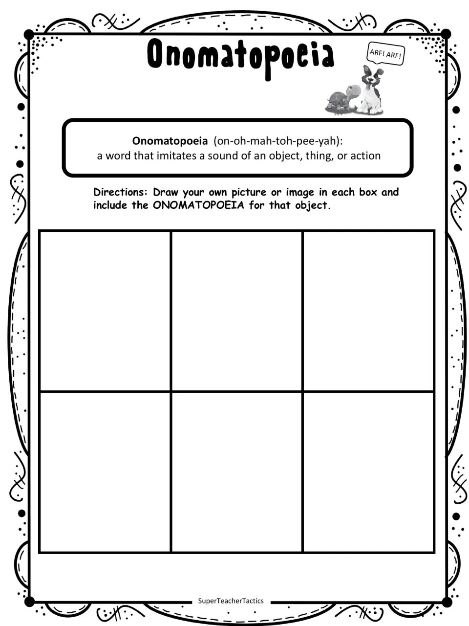 Onomatopoeia drawing activity asks students to create six pictures and include a sound word for each object