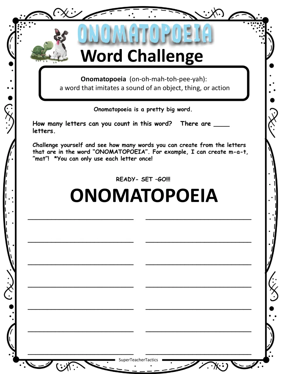 Word Challenge asks students to count the letters in ONOMATOPOEIA and make words from them, such as mat