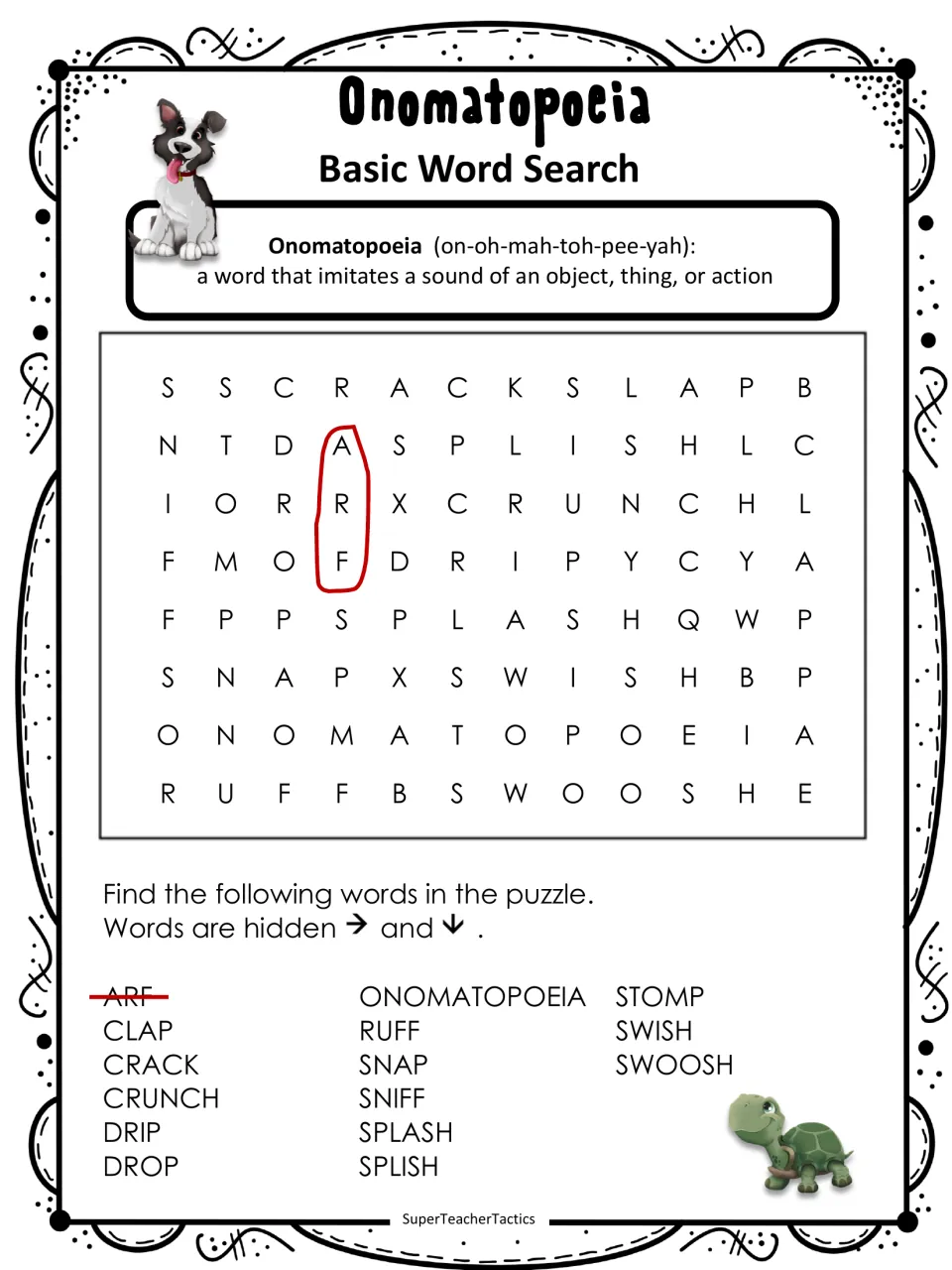 Basic onomatopoeia word search lists 15 words to find across and down, with ARF circled as an example