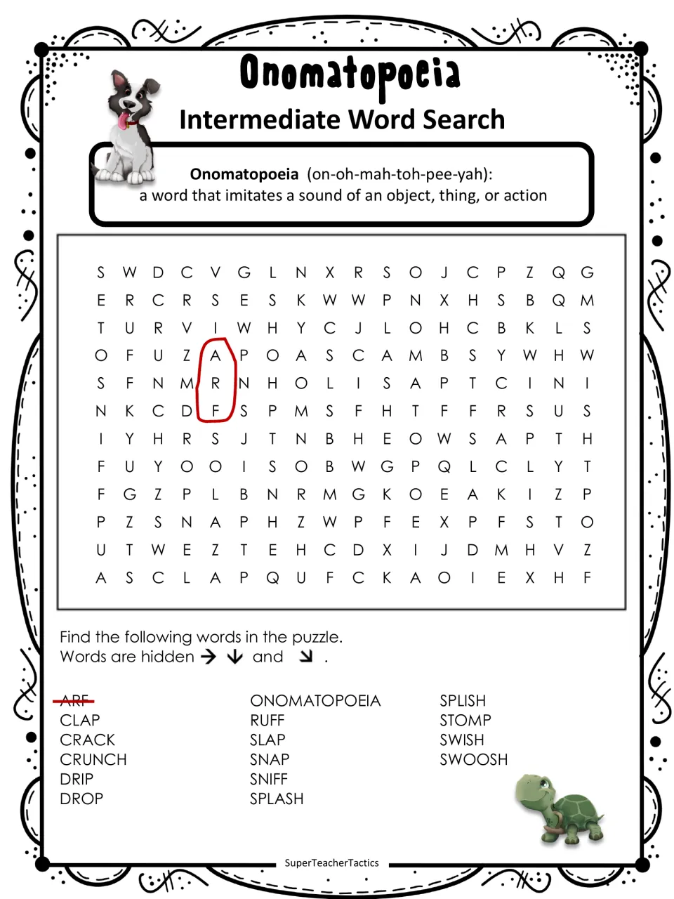 Intermediate onomatopoeia word search lists 16 words to find across, down, and diagonally, including SLAP