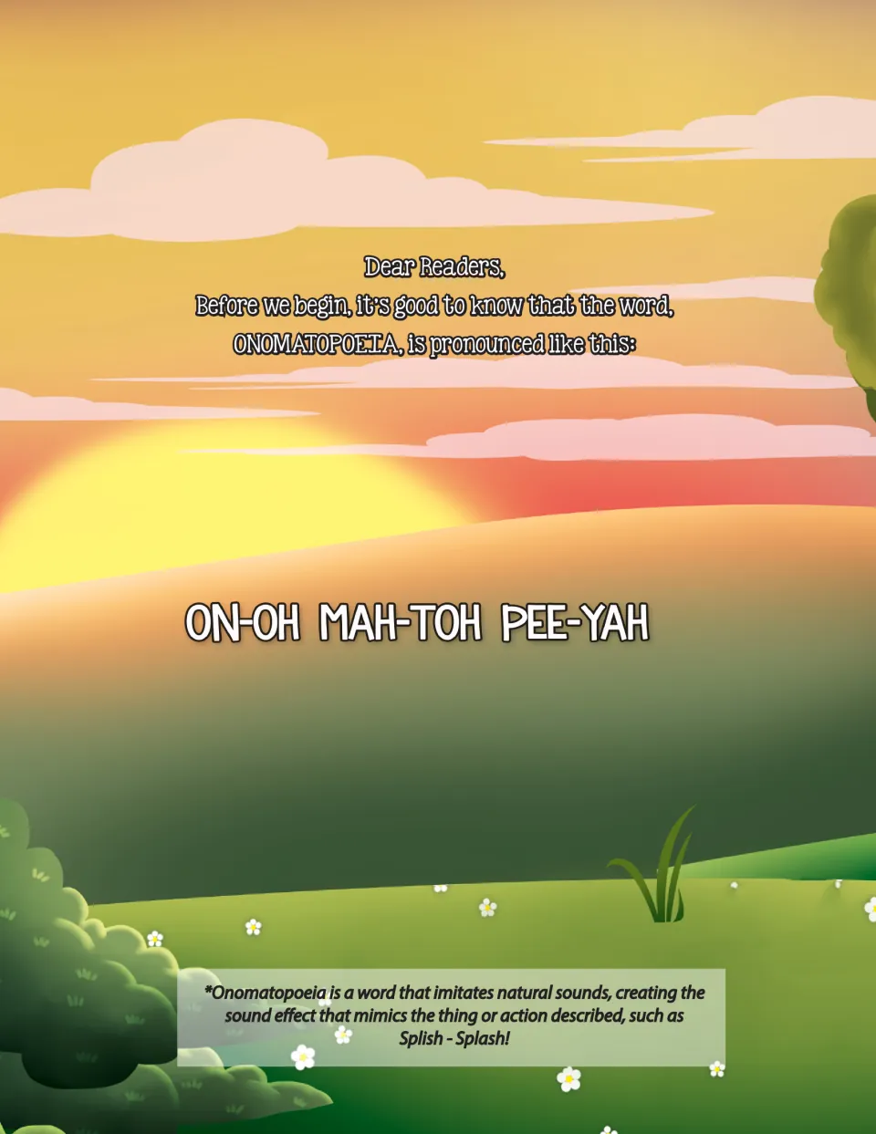 Storybook introduction gives the pronunciation of onomatopoeia and defines it using 'Splish-Splash!'