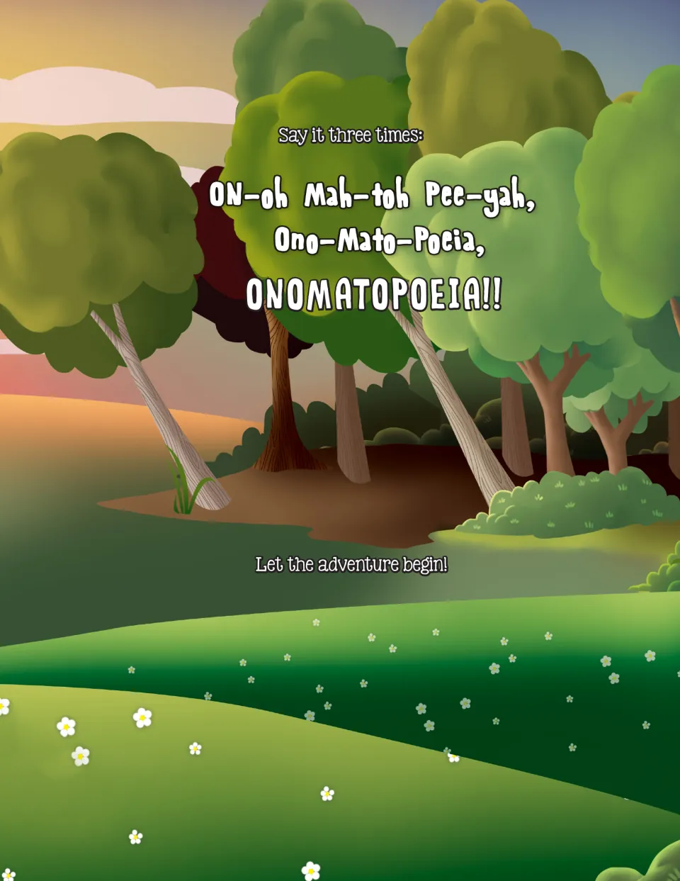 Storybook pronunciation practice asks readers to say onomatopoeia three times before the adventure begins