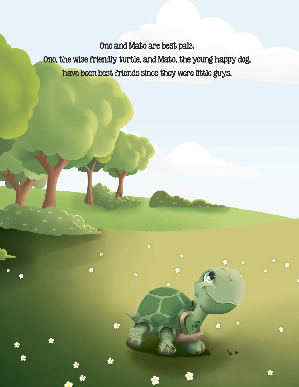 Opening story page introduces Ono, a wise friendly turtle, and Mato, a young happy dog, as best friends
