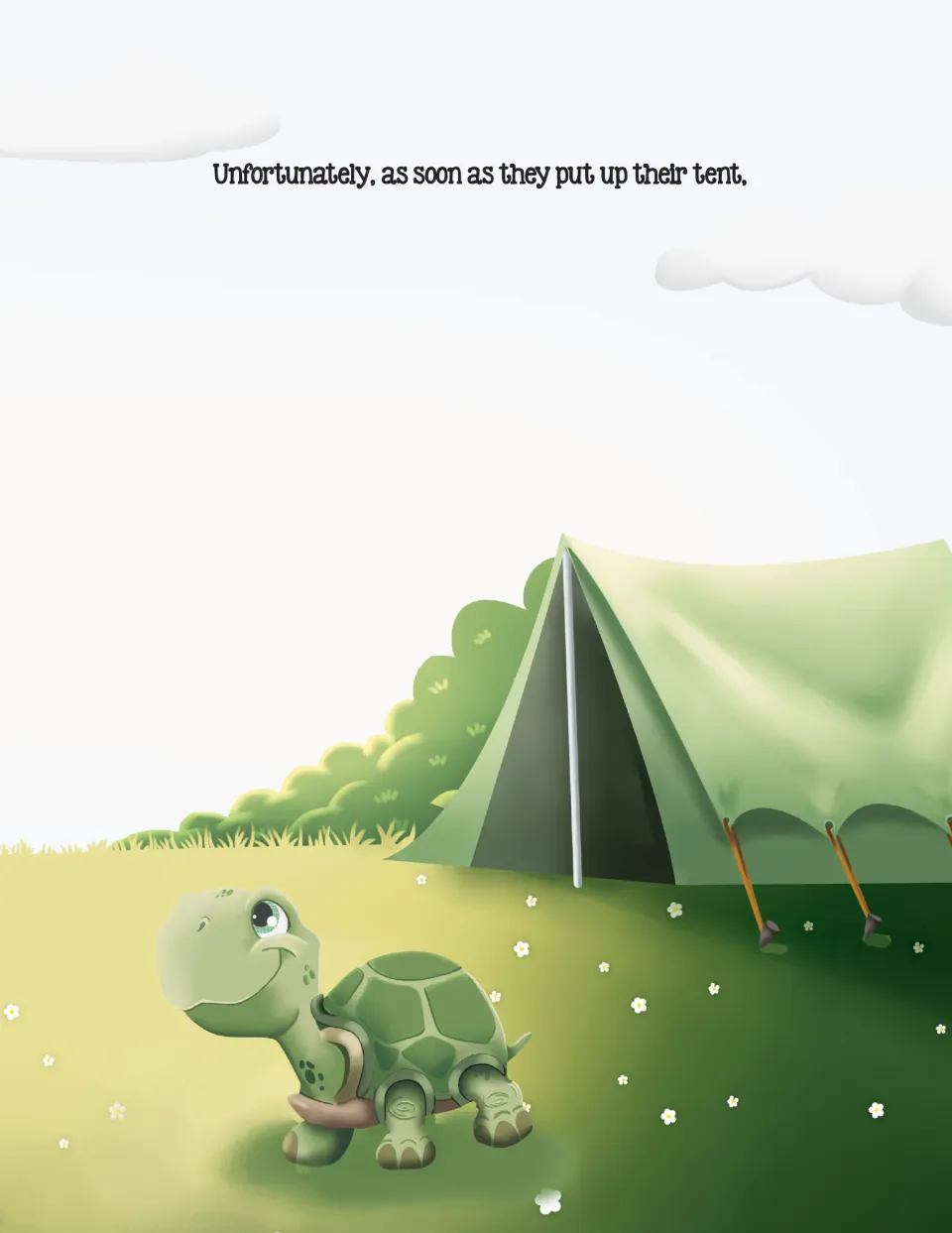 Camping story page shows Ono beside the tent and begins 'Unfortunately, as soon as they put up their tent,'
