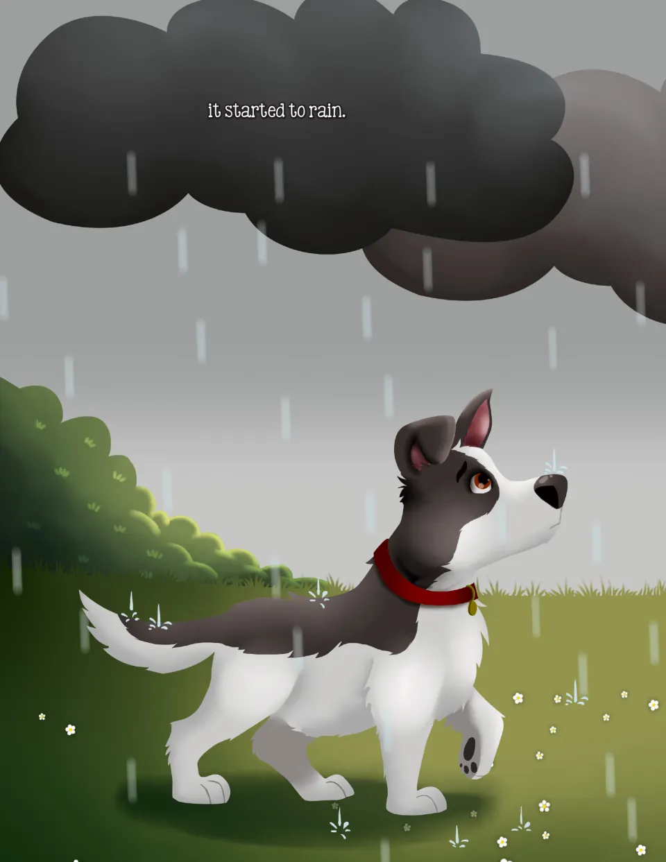 Camping story continuation completes the sentence with 'it started to rain,' showing Mato in the rain