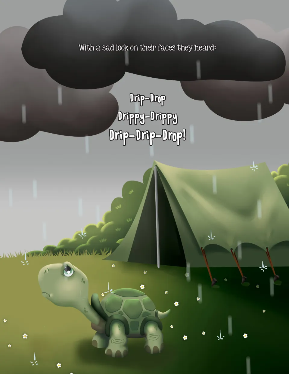 Rainy camping story page introduces sound words: 'Drip-Drop,' 'Drippy-Drippy,' and 'Drip-Drip-Drop!'