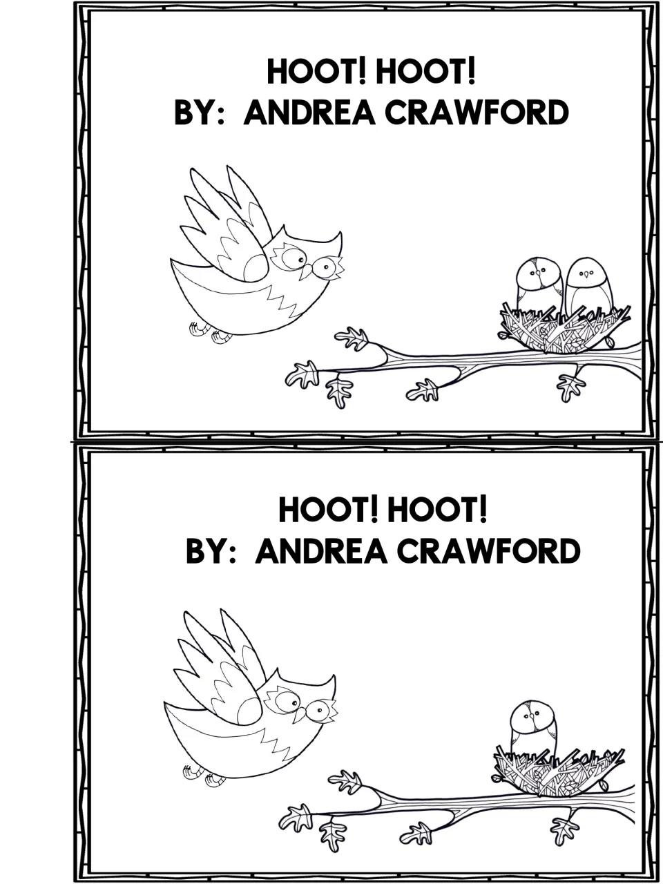 Booklet title page 'Hoot! Hoot! By: Andrea Crawford' with an owl flying toward baby owls in a nest, printed twice