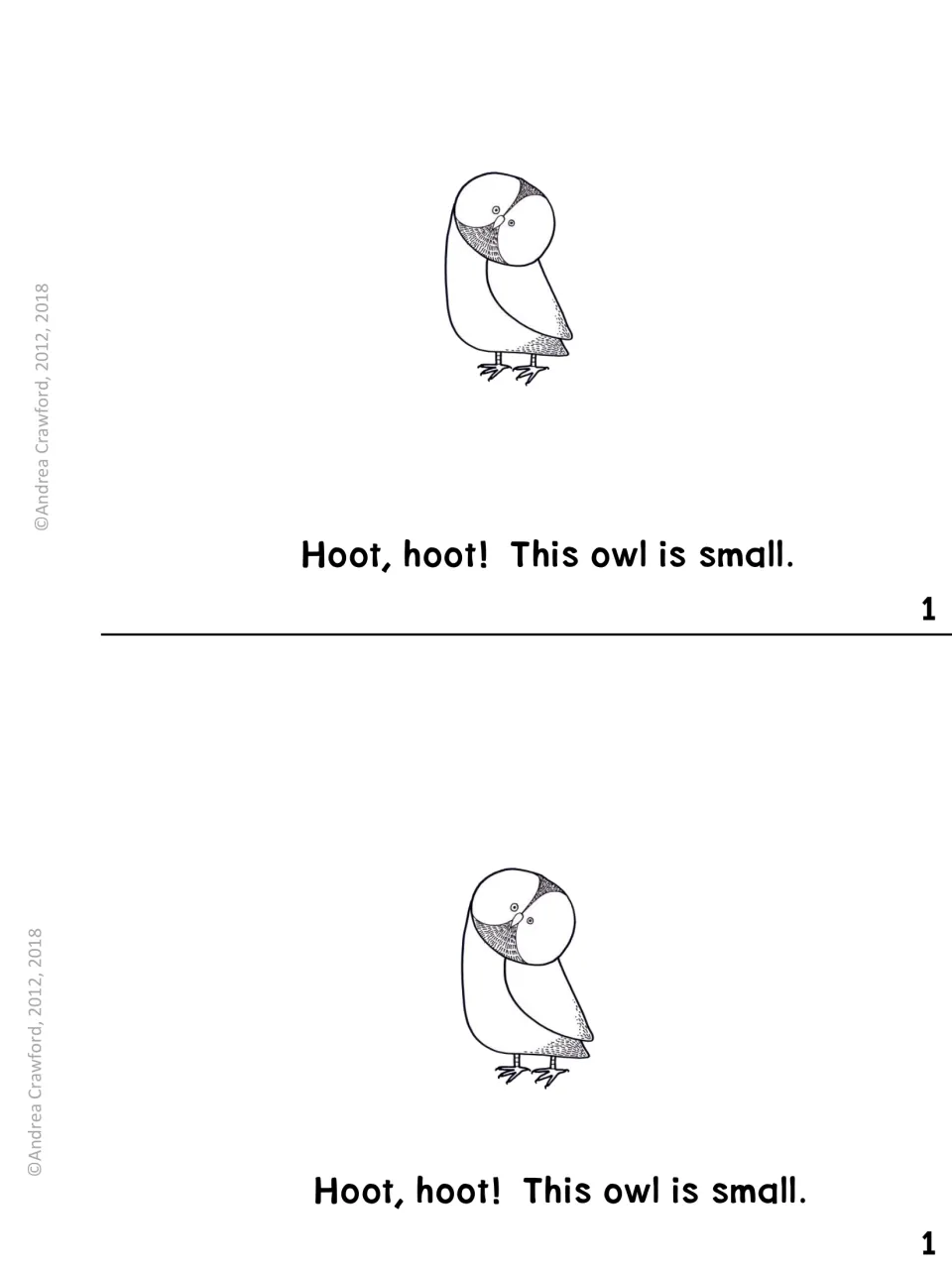 Owl size, page 1: 'Hoot, hoot! This owl is small.' under a drawing of a small owl, two copies to cut apart for booklets