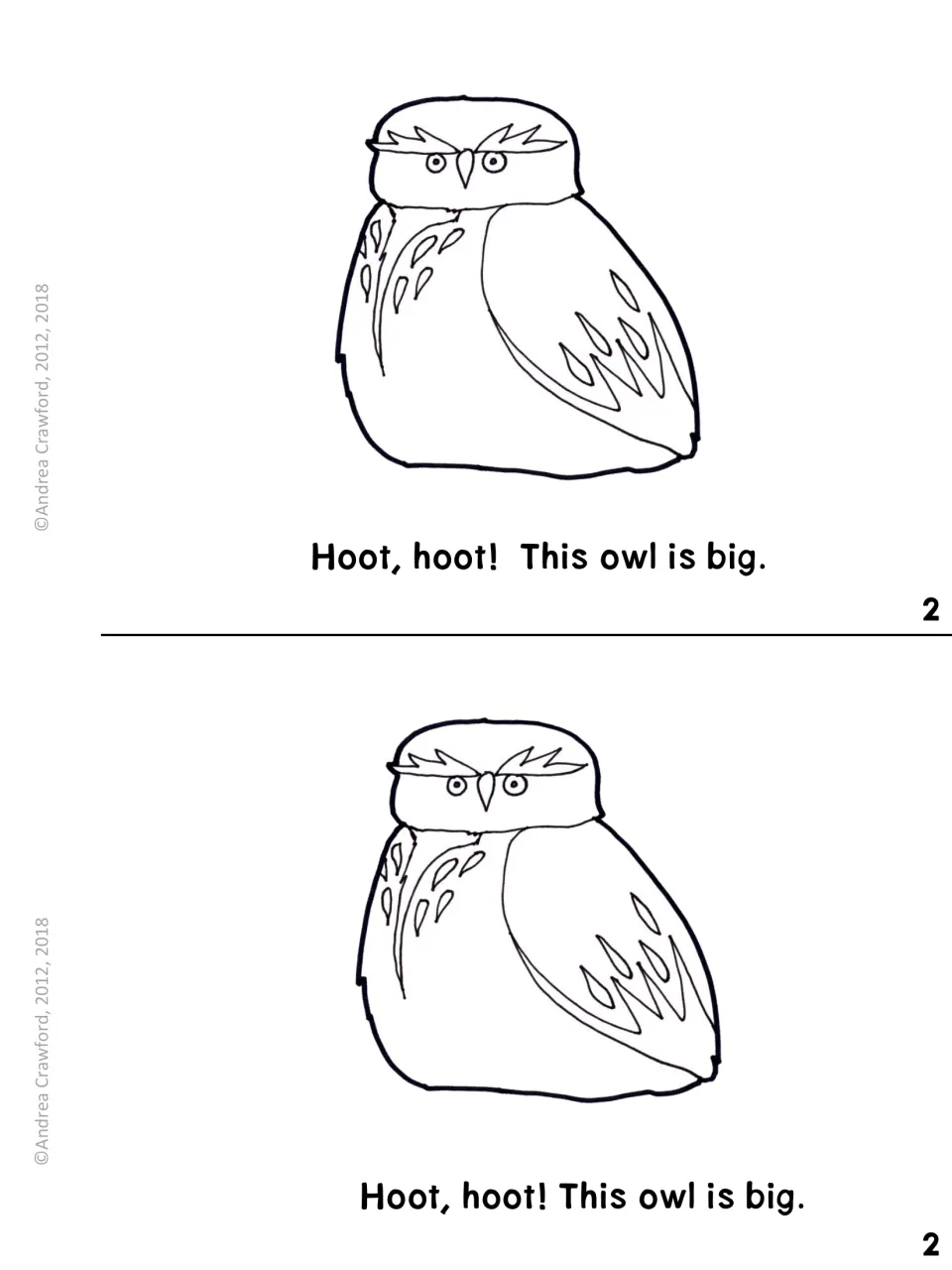 Owl size, page 2: students read 'Hoot, hoot! This owl is big.' beside a round, big owl drawing they can color