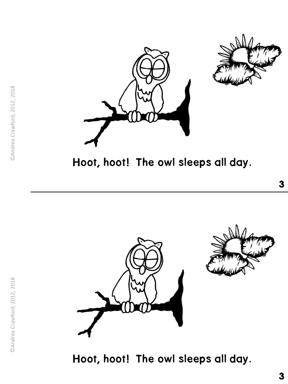 Owl habits, page 3: 'Hoot, hoot! The owl sleeps all day.' with a sleeping owl on a branch and the sun behind clouds