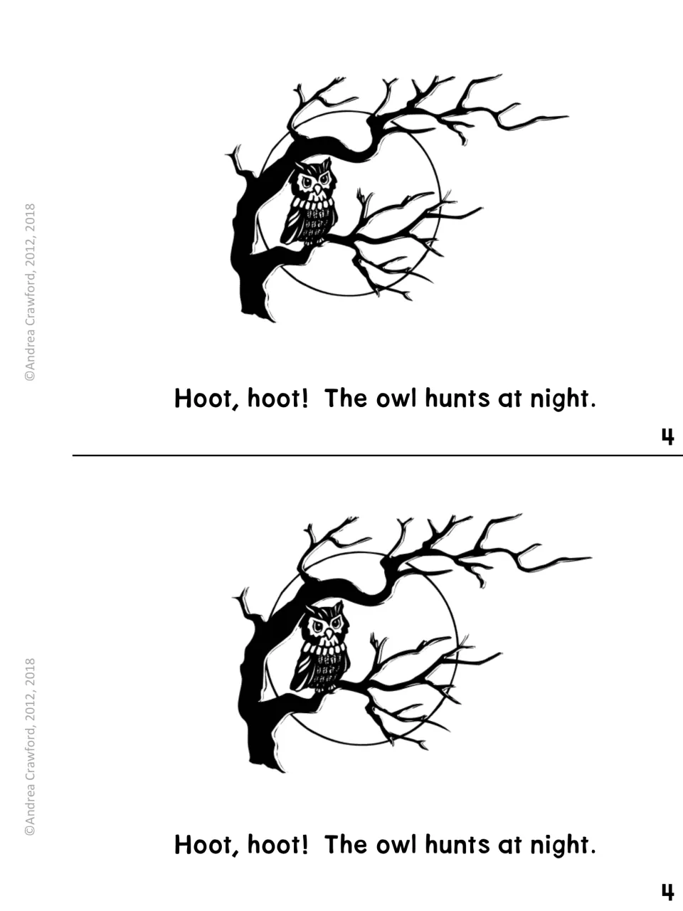 Owl habits, page 4: 'Hoot, hoot! The owl hunts at night.' shows an owl in a bare tree in front of a full moon
