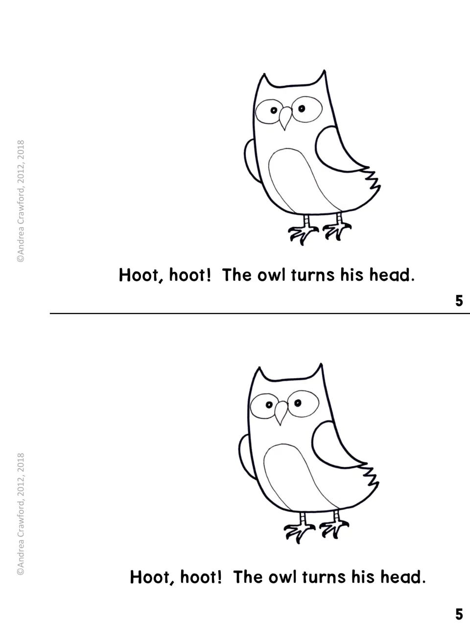Owl body facts, page 5: students read 'Hoot, hoot! The owl turns his head.' next to a standing owl drawing
