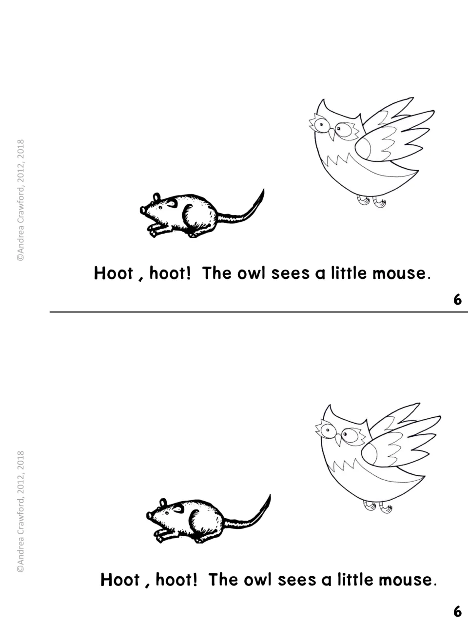Owl hunting, page 6: 'Hoot, hoot! The owl sees a little mouse.' with a flying owl spotting a mouse on the ground