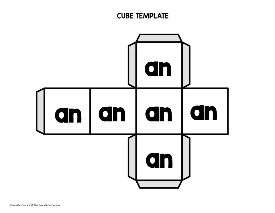 Rime die: a foldable cube template with the word ending -an printed on all six faces, for building CVC -an words