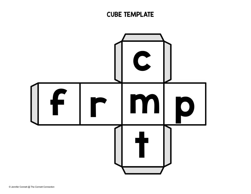 Onset letter die: a foldable cube template with c, f, r, m, p and t on its faces to roll and blend with -an