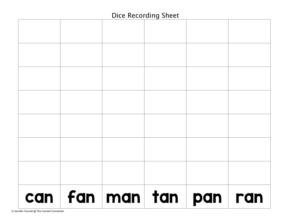 Dice recording sheet for can, fan, man, tan, pan and ran: students roll, read the word and write it in its column