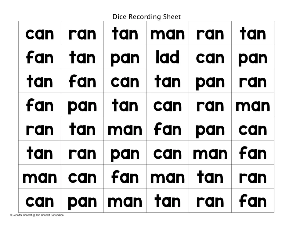 Prefilled -an recording sheet of can, ran, tan, man, fan and pan in 48 cells for students to read; one cell shows lad
