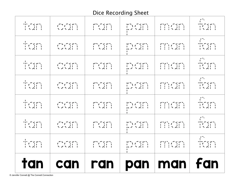 Tracing version of the -an recording sheet: students trace dotted tan, can, ran, pan, man and fan in each column