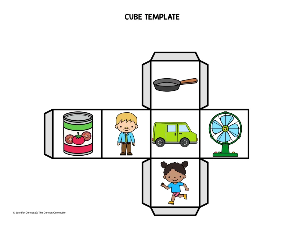 Colour picture die to fold into a cube showing a pan, can, man, van, fan and a girl running for -an word picture rolls