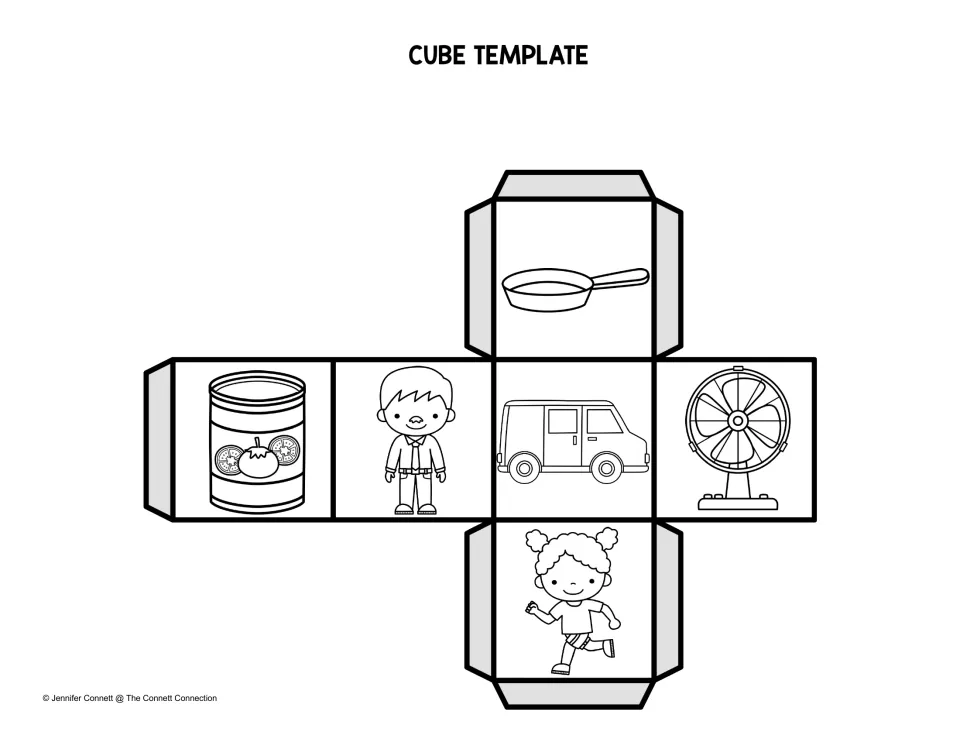 Black-and-white picture die template with a pan, can, man, van, fan and running girl for students to colour and fold