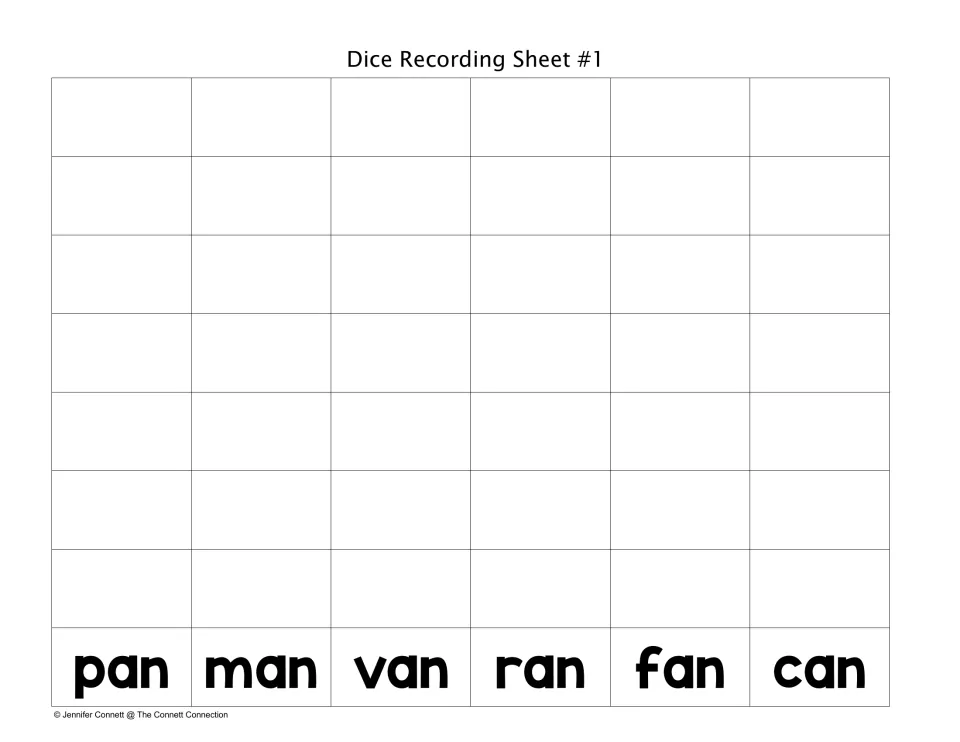 Dice Recording Sheet #1 with columns for pan, man, van, ran, fan and can: students roll and write each word