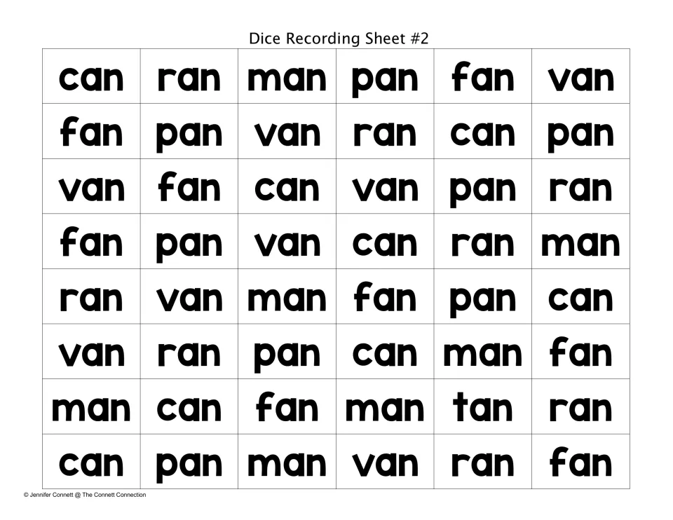 Dice Recording Sheet #2: prefilled grid of can, ran, man, pan, fan and van for students to read aloud as -an words