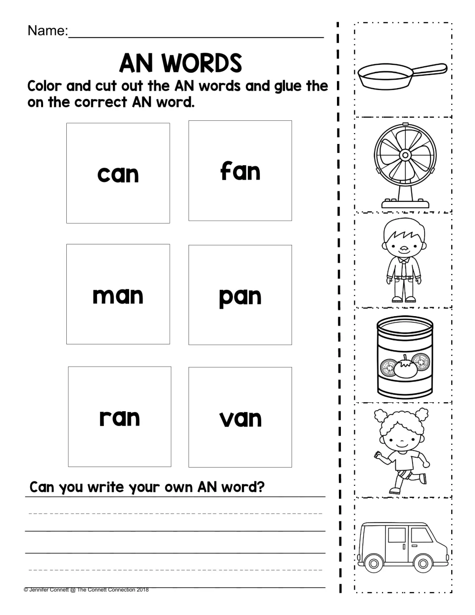 AN words: students color and cut out pan, fan, man, can, running girl and van pictures and glue each on its matching word