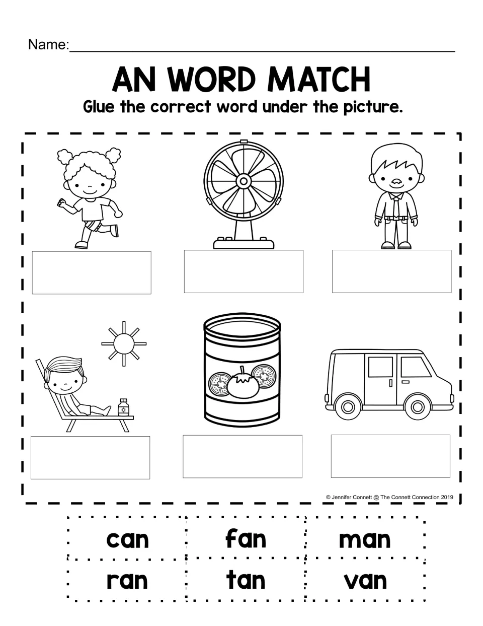 AN word match: students cut out can, fan, man, ran, tan and van and glue each word under its picture to practise reading
