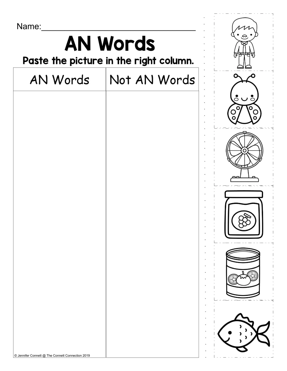 AN words picture sort: students paste man, fan, can, ladybug, jam jar and fish pictures under AN Words or Not AN Words