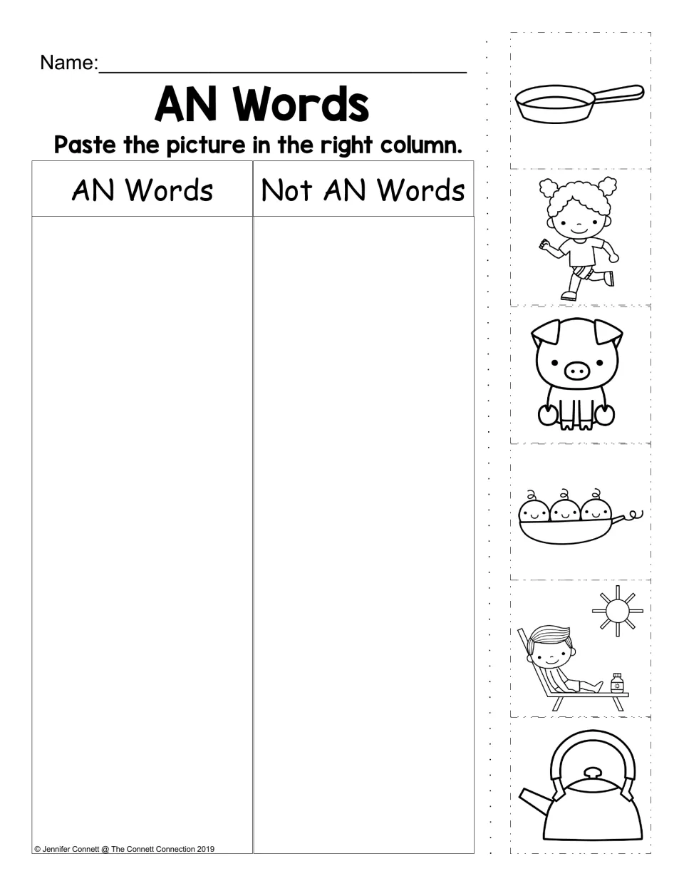 AN words picture sort: students paste pan, running girl, sunbather, pig, peas and kettle pictures under AN or Not AN Words