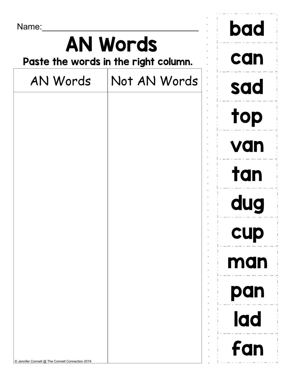 AN words word sort: students paste 12 words like can, van, bad, top and cup under AN Words or Not AN Words by their ending