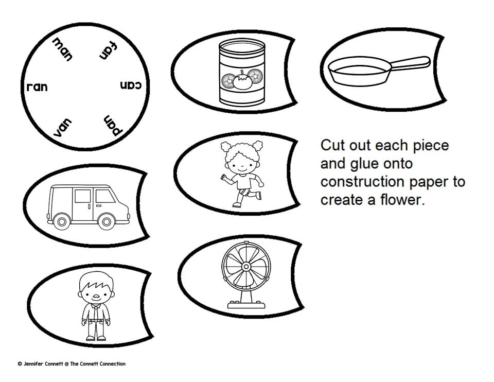-an word matching flower: center lists man, fan, can, pan, van, ran; students cut out picture petals to match each word