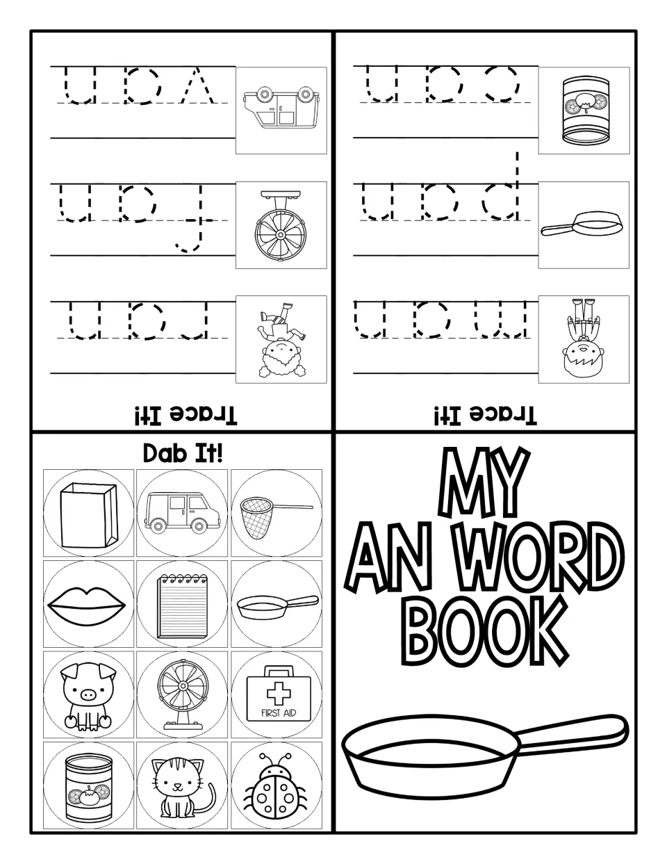 My AN Word Book: students trace man, ran, pan, fan, can and van, then find and dab the -an pictures among 12 images