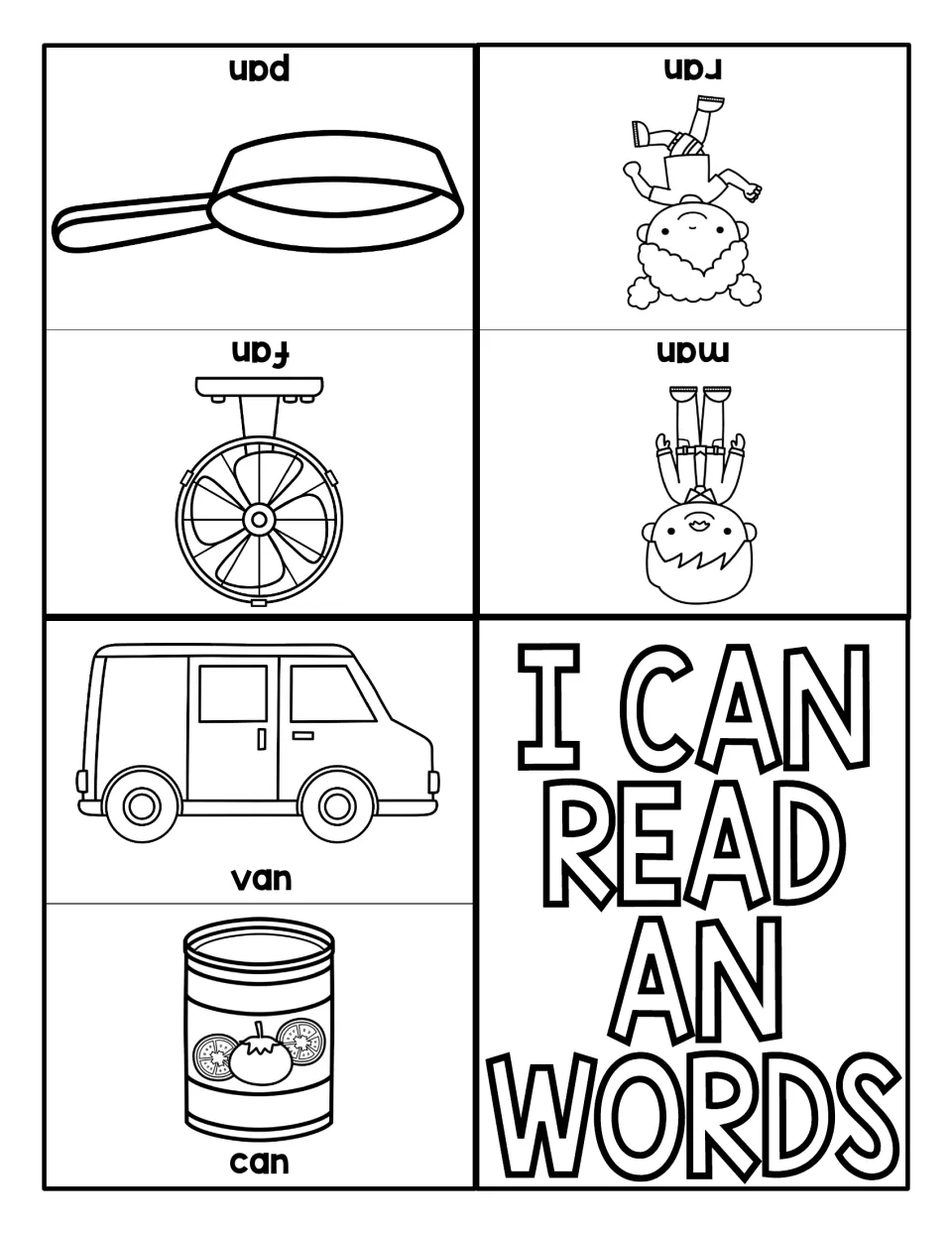 I Can Read AN Words booklet: pan, ran, fan, man, van and can pictures, each labeled with its -an word to read aloud