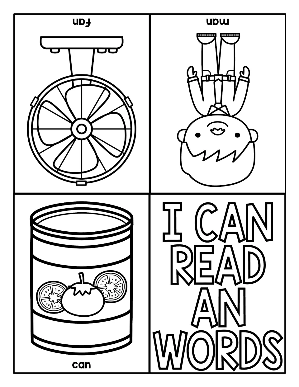 I Can Read AN Words four-panel version: fan, man and can pictures, each labeled with the -an word for students to read