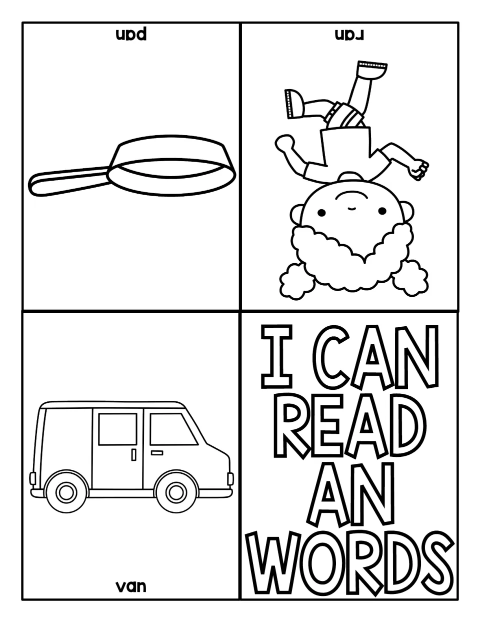 I Can Read AN Words four-panel booklet with pan, ran and van pictures, each labeled with its -an word for reading practice