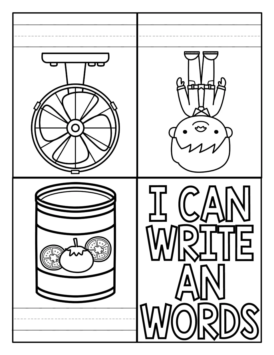 I Can Write AN Words mini book: students write the -an word for the fan, man and can pictures on handwriting lines