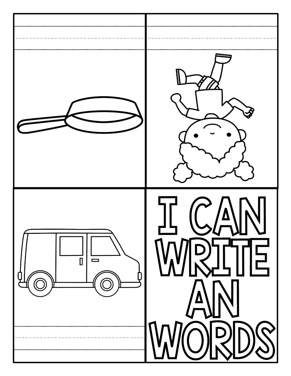 I Can Write AN Words booklet: students spell the -an word for each picture of a pan, a running child and a van