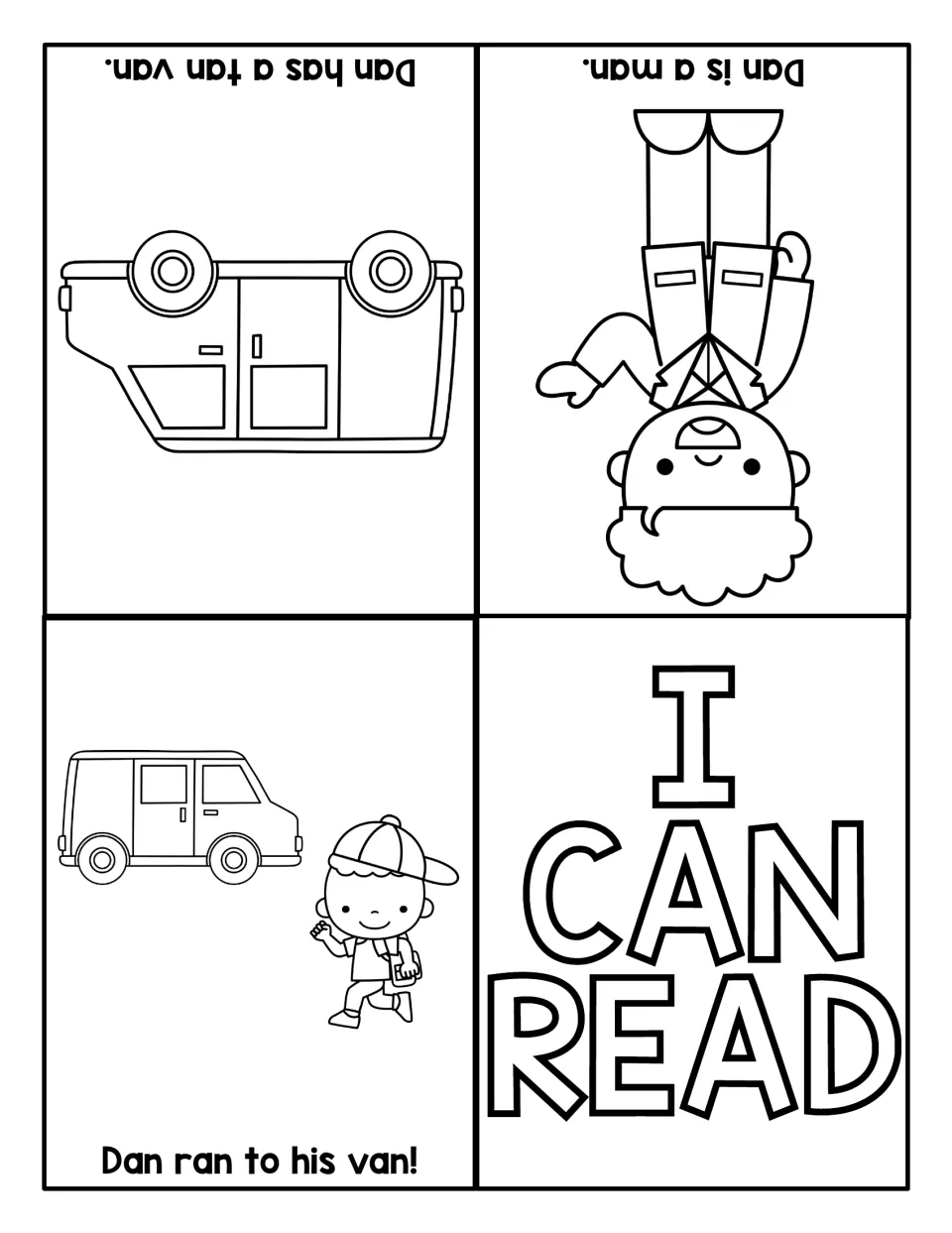 I Can Read story about Dan: students read 'Dan is a man.', 'Dan has a tan van.' and 'Dan ran to his van!' with pictures