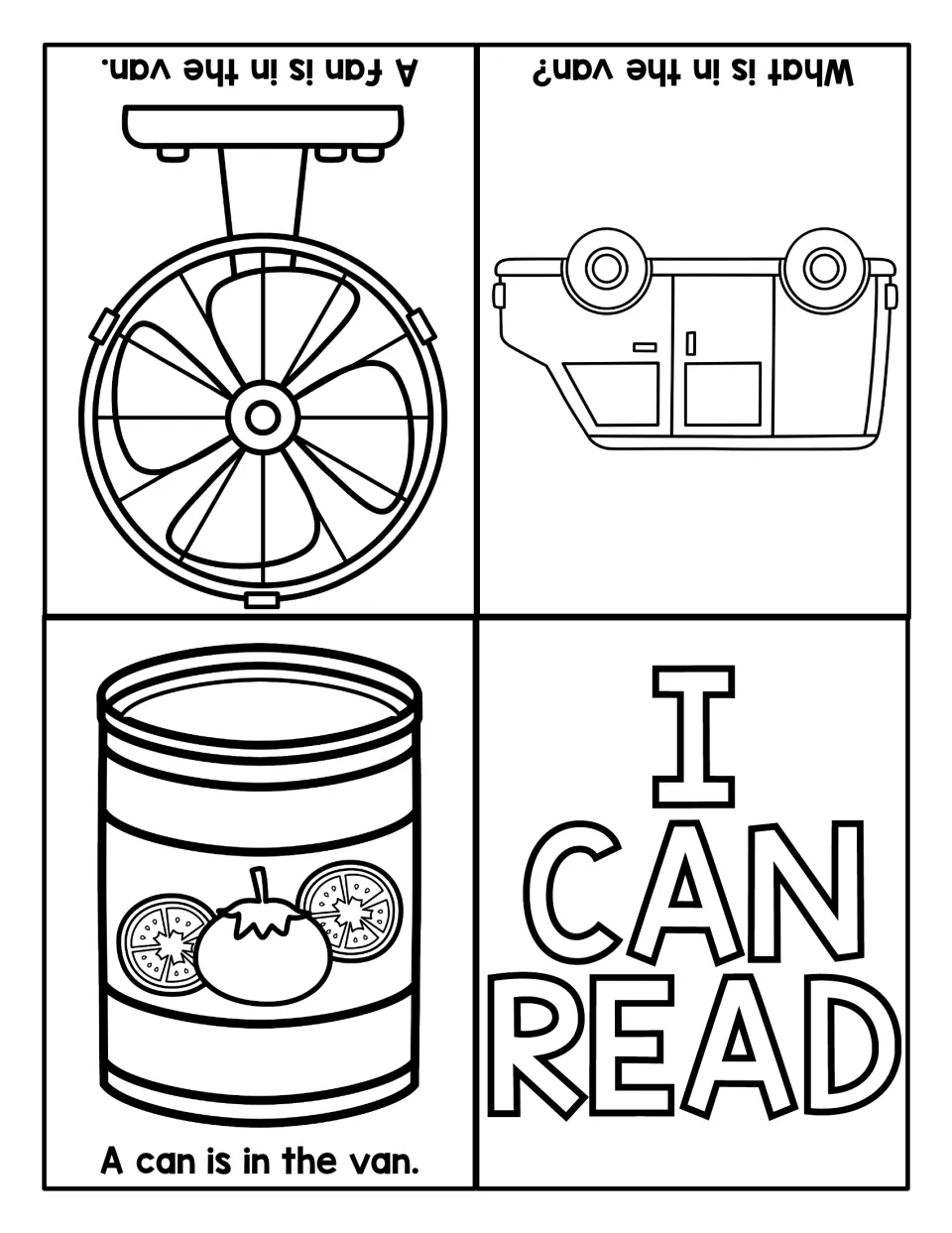 I Can Read story asking 'What is in the van?' with the answers 'A can is in the van.' and 'A fan is in the van.'