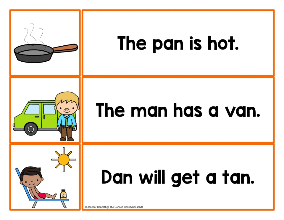 Reading -an words in context: match a hot pan, a man by his van and Dan in the sun to their sentence cards
