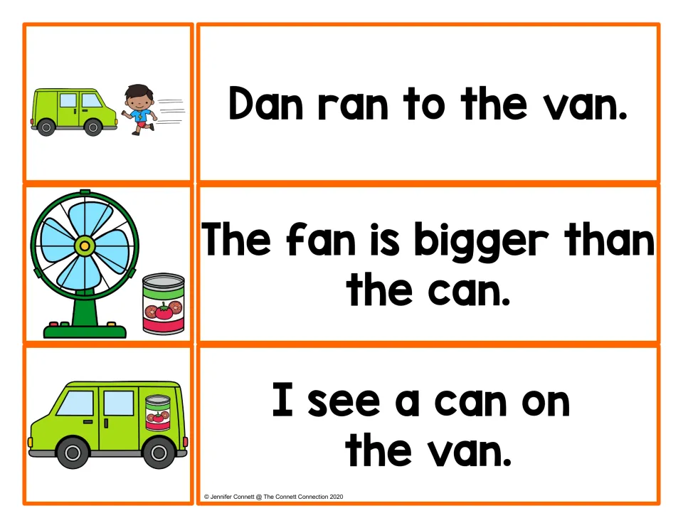 Longer -an sentences to match: Dan ran to the van, The fan is bigger than the can, I see a can on the van