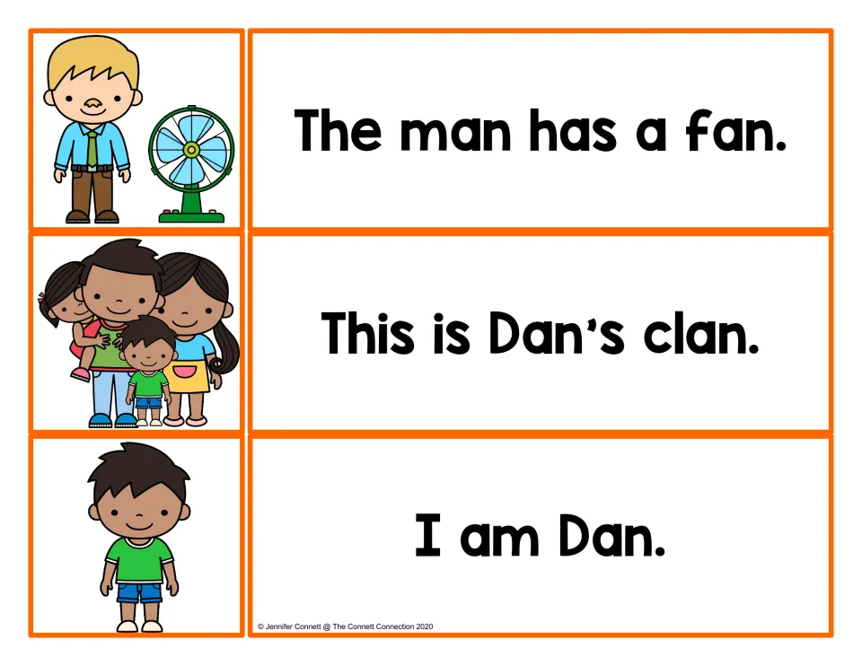 Picture-sentence matching for fan, clan and Dan: The man has a fan, This is Dan's clan and I am Dan