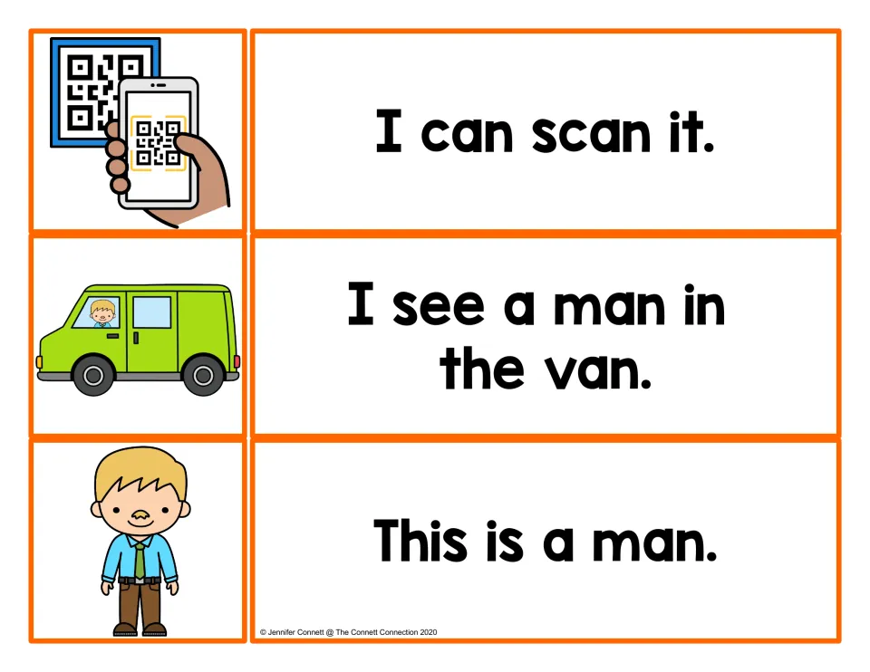 Matching scan and man sentences to pictures: I can scan it, I see a man in the van and This is a man