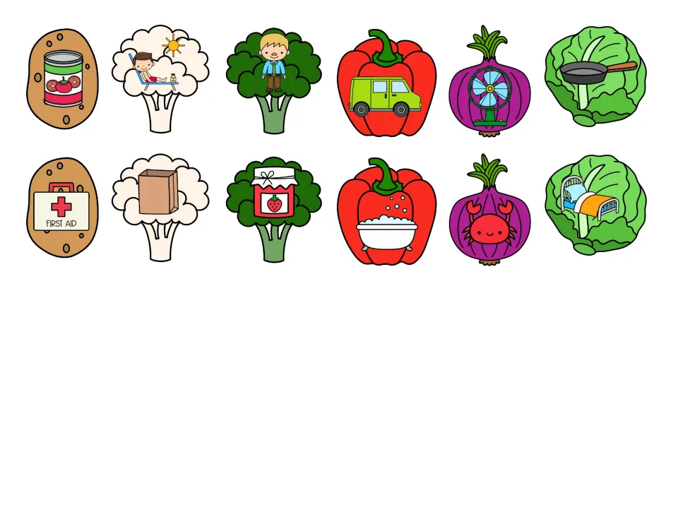 AN word family picture sort: 12 vegetable cards show a can, van, fan and pan plus non-examples like a bag, jam and crab