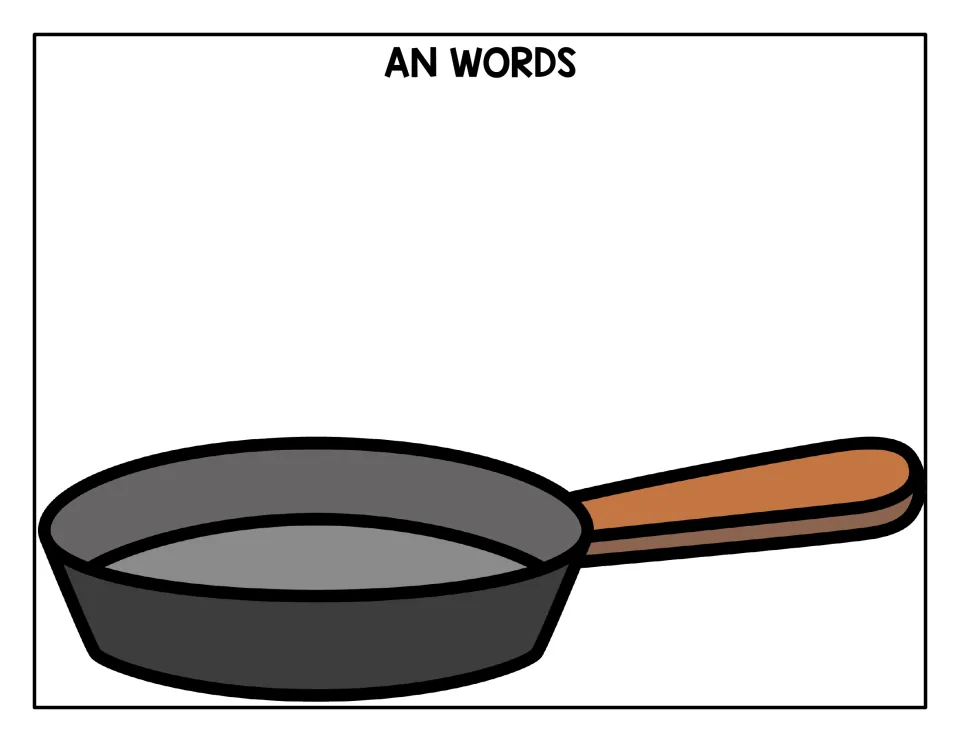AN WORDS sorting mat: students place cards with words ending in -an into the large frying pan picture under the heading