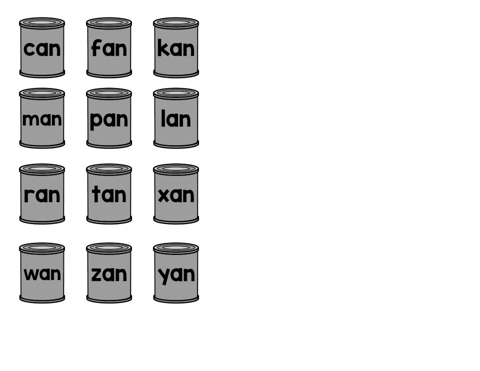 Real or nonsense -an words on 12 can cards: can, fan, man, pan, ran, tan, wan mixed with kan, lan, xan, zan and yan